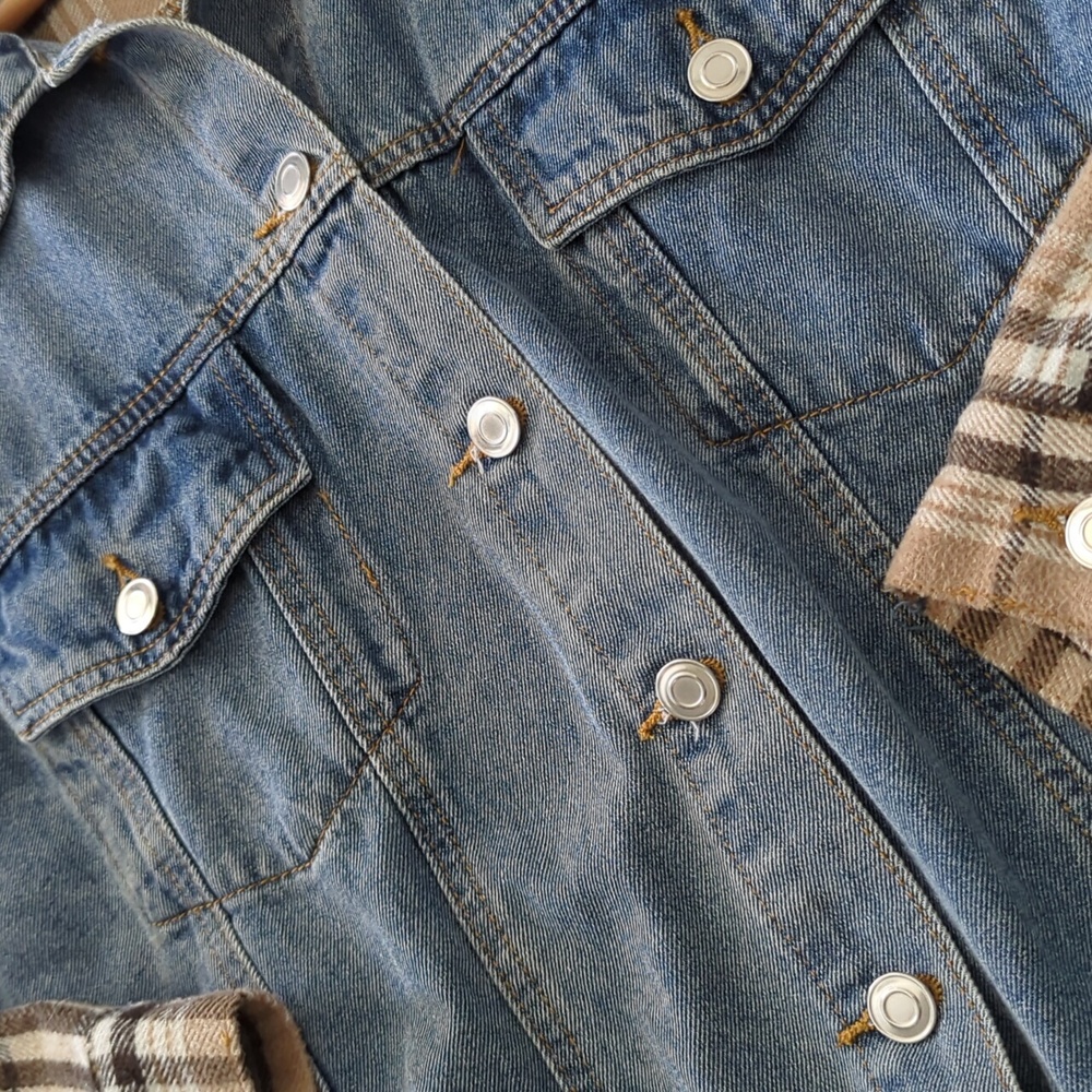 BLUE B COLLECTION I Boutique Denim & Plaid Flannel Contrast Jean Jacket, L - Picture 8 of 15